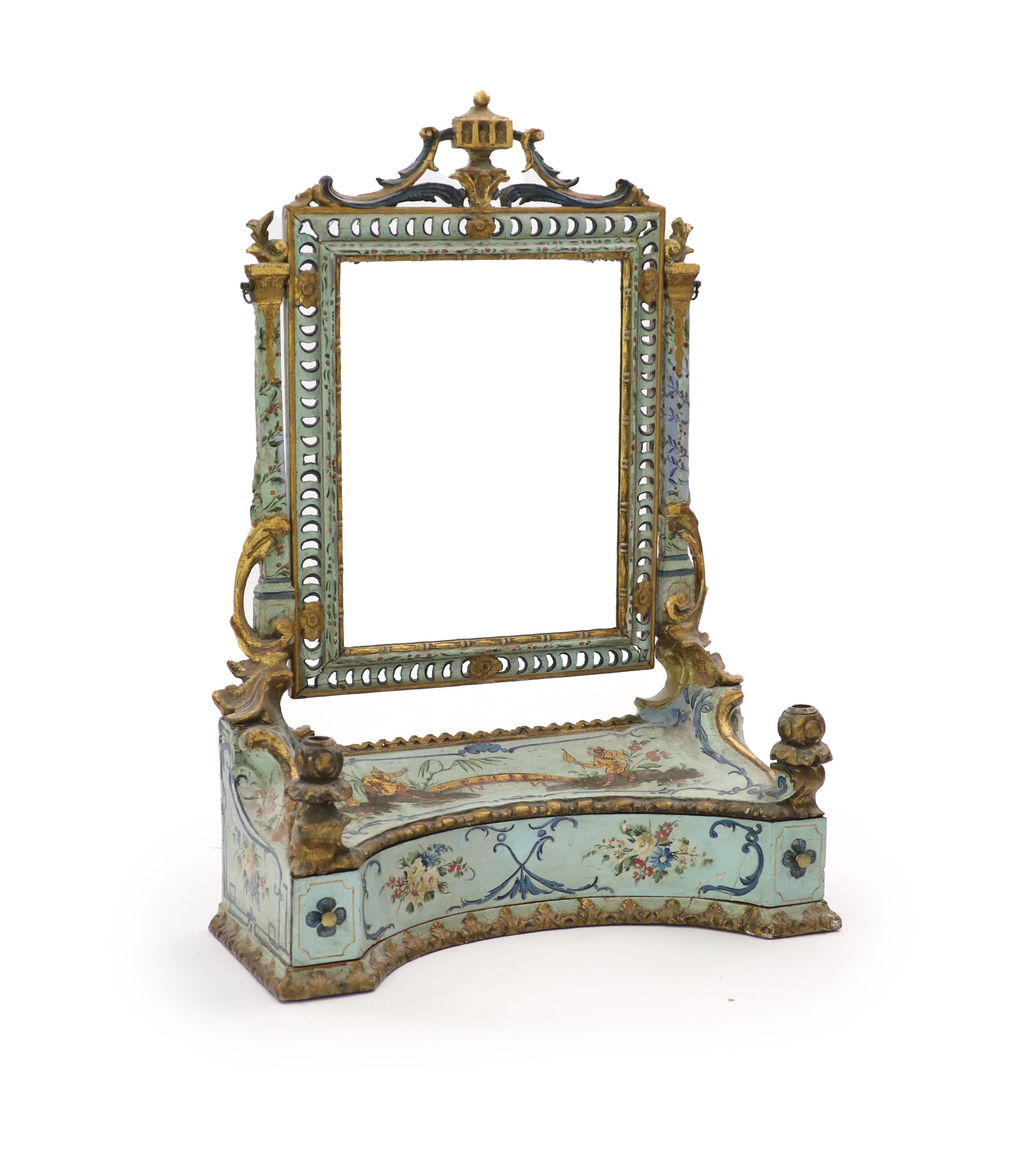 An 18th century Venetian painted pine toilet mirror H 90cm. W 64cm. D 26cm.